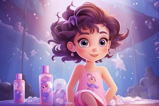 Toddler girl with bottles with children's skin care cosmetics in cartoon style. Baby skin care.