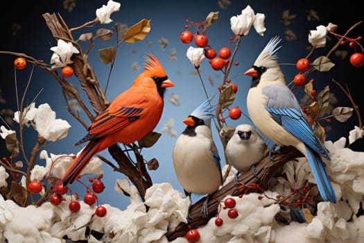 A stunning portrayal of winter's avian beauty, showcasing the artful photography of birds like cardinals, chickadees, and blue jays set against the pristine canvas of snow.