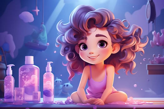 Toddler girl with bottles with children's skin care cosmetics in cartoon style. Baby skin care.