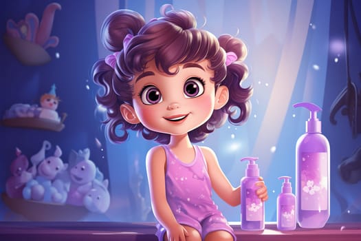 Toddler girl with bottles with children's skin care cosmetics in cartoon style. Baby skin care.