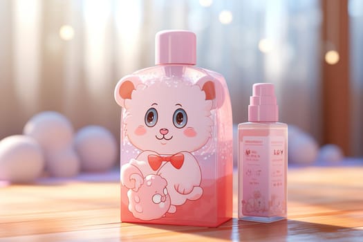 Bottles of baby skin care cosmetics. Bottles of baby skin care cosmetics. Skin care cosmetics for little girls.