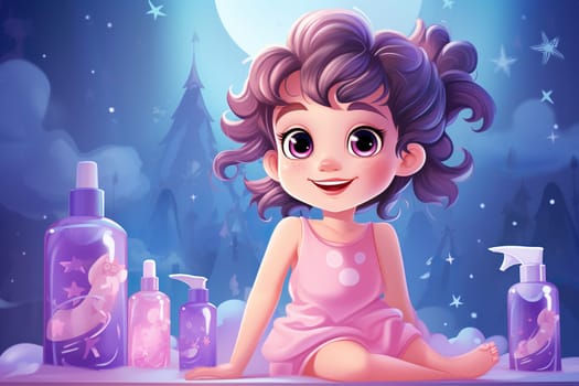 Toddler girl with bottles with children's skin care cosmetics in cartoon style. Baby skin care.