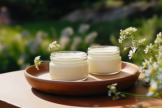 Two jars of cream on a wooden stand on a blurred natural background. Natural cosmetics concept.