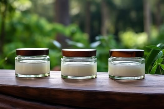 Three jars of cream on a wooden stand on a blurred natural background. Natural cosmetics concept.