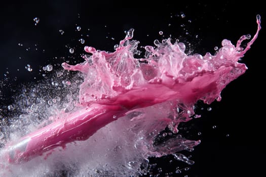 Moisturizing pink lip gloss with a splash of water around it. Pink splash on a dark background.