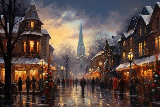 A vibrant depiction of the holiday spirit, capturing the lively ambiance of bustling markets and fairs adorned with festive decorations.