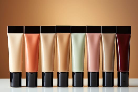 Tubes without inscriptions with different shades of foundation. Makeup cosmetics.