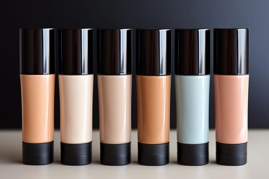 Tubes without inscriptions with different shades of foundation. Makeup cosmetics.