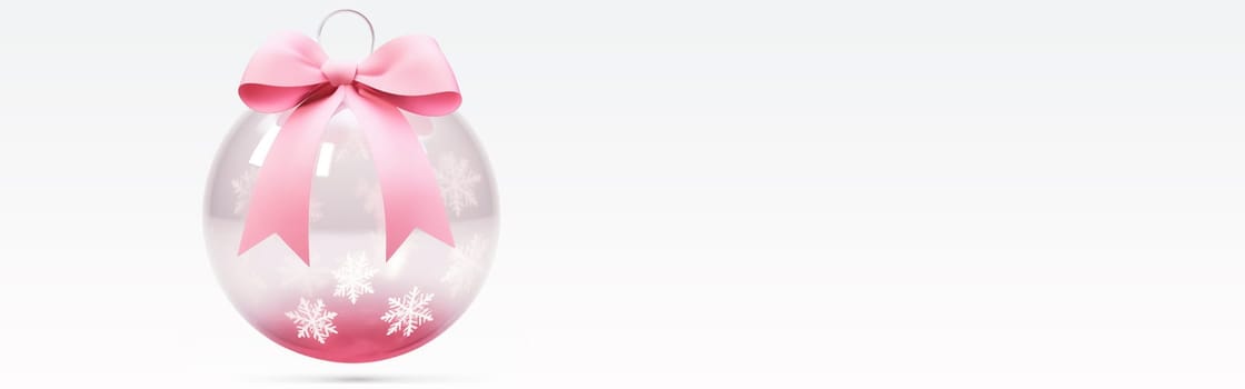 Christmas banner Pink Transparent Decoration ball, Bauble with Pink Ribbon and Bow, Snow Flakes on White Background With copy space. Wide panoramic Header. AI Generated. High quality photo