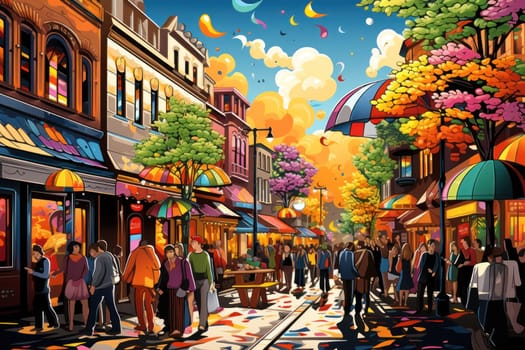 A vibrant depiction of the holiday spirit, capturing the lively ambiance of bustling markets and fairs adorned with festive decorations.