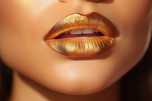 Gold bright lip makeup for a party. Model makeup. Lip makeup concept