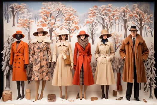 A chic portrayal of the winter season's fashion, highlighting stylish winter attire, including scarves, hats, and coats. This composition captures the elegance and coziness of winter wardrobe.