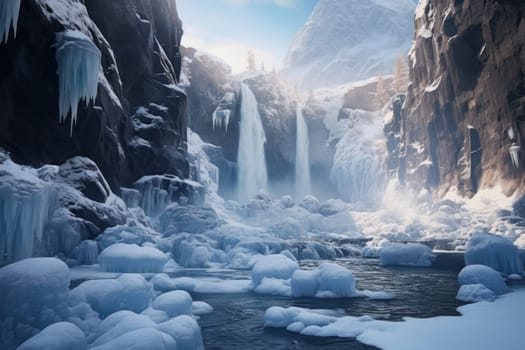A mesmerizing display of the winter landscape, focusing on the distinctive and captivating frozen waterfalls found in chilly regions.
