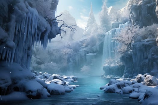 A mesmerizing display of the winter landscape, focusing on the distinctive and captivating frozen waterfalls found in chilly regions.