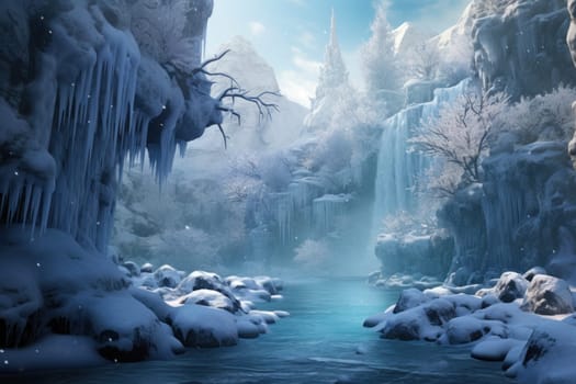 A mesmerizing display of the winter landscape, focusing on the distinctive and captivating frozen waterfalls found in chilly regions.