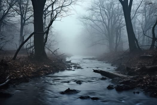 A captivating visual representation of the winter ambiance, focusing on the enigmatic allure of fog and mist enveloping the landscape, especially near bodies of water.