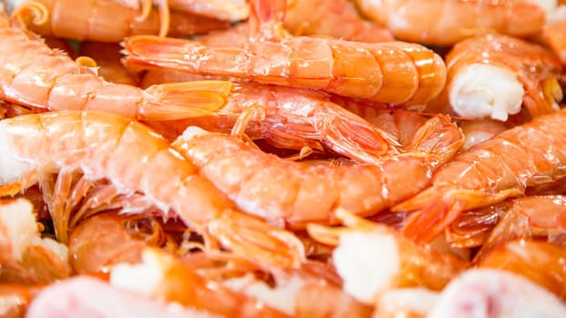 Top view of small red fresh prawns on a fishmonger's stall. Gourmet sea healthy food.