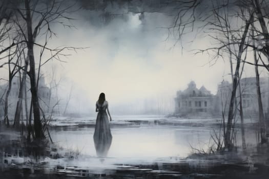 A captivating visual representation of the winter ambiance, focusing on the enigmatic allure of fog and mist enveloping the landscape, especially near bodies of water.