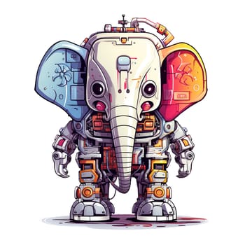 Cartoon elephant robots. T-Shirt, Sticker. Funny cyborg. 