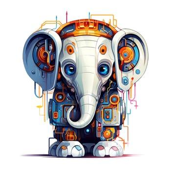 Cartoon elephant robots. T-Shirt, Sticker. Funny cyborg. 