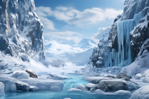 A mesmerizing display of the winter landscape, focusing on the distinctive and captivating frozen waterfalls found in chilly regions.