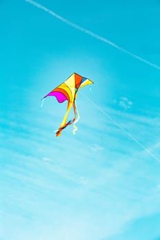 Rainbow kite flying in blue sky in sunny day in summer. Childhood concept.