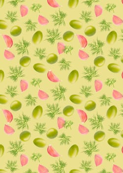 Creative levitation pattern with olives, garlic and dill. Selective focus. Isolated fruit. Packaging texture concept. Banner image for package design.
