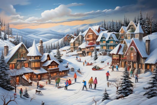 A dynamic portrayal of the winter wonderland at ski resorts, capturing the exhilaration and scenic beauty.