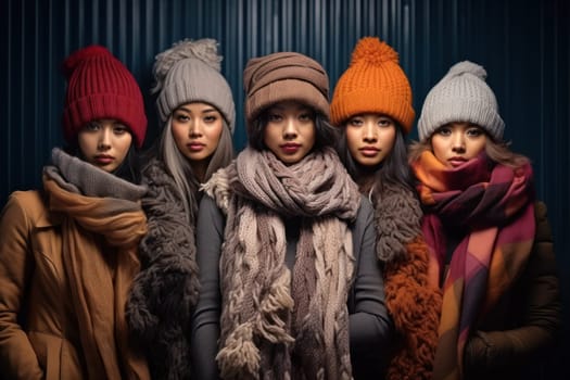 A chic portrayal of the winter season's fashion, highlighting stylish winter attire, including scarves, hats, and coats. This composition captures the elegance and coziness of winter wardrobe.