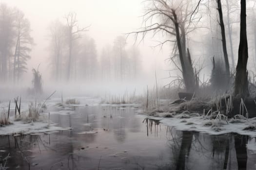 A captivating visual representation of the winter ambiance, focusing on the enigmatic allure of fog and mist enveloping the landscape, especially near bodies of water.