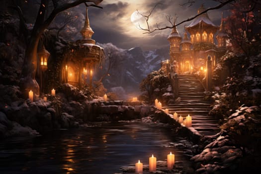 A captivating portrayal of the winter charm, focusing on the creation of cozy and welcoming visuals using the soft glow of candles or lanterns against the snowy backdrop.