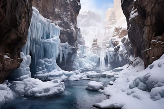 A mesmerizing display of the winter landscape, focusing on the distinctive and captivating frozen waterfalls found in chilly regions.