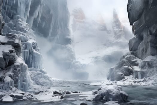 A mesmerizing display of the winter landscape, focusing on the distinctive and captivating frozen waterfalls found in chilly regions.