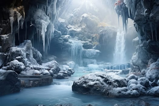 A mesmerizing display of the winter landscape, focusing on the distinctive and captivating frozen waterfalls found in chilly regions.