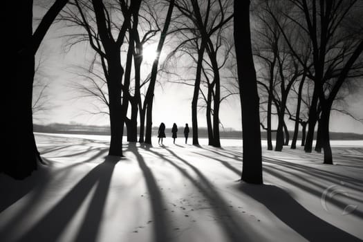 A striking visual display of the winter season, utilizing the extended shadows and sharp differences in lighting to craft captivating silhouettes against the snowy backdrop.