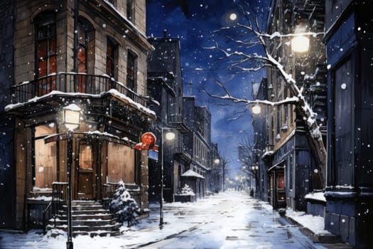 An evocative representation of urban life during winter, focusing on the enchanting vistas of city streets, buildings blanketed in snow, and the warm radiance of streetlights.