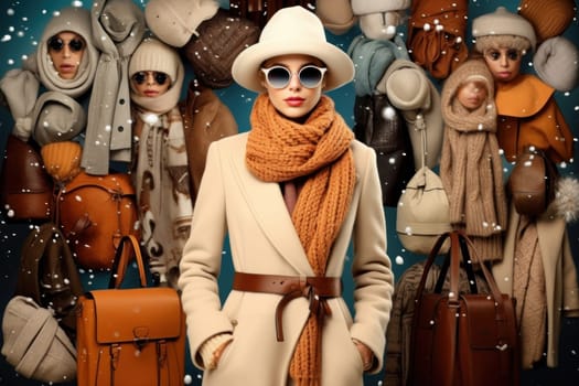 A chic portrayal of the winter season's fashion, highlighting stylish winter attire, including scarves, hats, and coats. This composition captures the elegance and coziness of winter wardrobe.