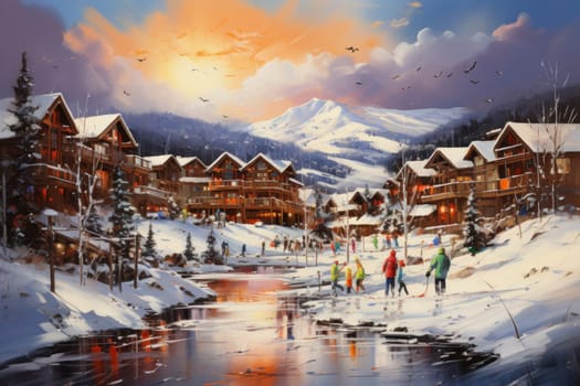 A dynamic portrayal of the winter wonderland at ski resorts, capturing the exhilaration and scenic beauty.