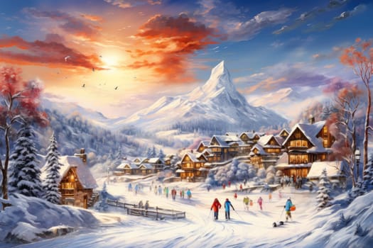 A dynamic portrayal of the winter wonderland at ski resorts, capturing the exhilaration and scenic beauty.