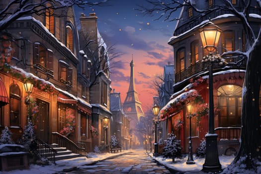 An evocative representation of urban life during winter, focusing on the enchanting vistas of city streets, buildings blanketed in snow, and the warm radiance of streetlights.