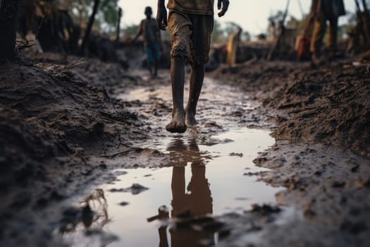 The feet of a dark-skinned child in a puddle of mud.