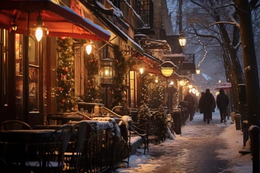 An evocative representation of urban life during winter, focusing on the enchanting vistas of city streets, buildings blanketed in snow, and the warm radiance of streetlights.