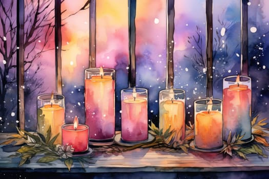 A captivating portrayal of the winter charm, focusing on the creation of cozy and welcoming visuals using the soft glow of candles or lanterns against the snowy backdrop.