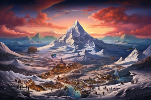 A dynamic portrayal of the winter wonderland at ski resorts, capturing the exhilaration and scenic beauty.