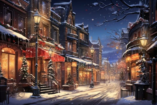An evocative representation of urban life during winter, focusing on the enchanting vistas of city streets, buildings blanketed in snow, and the warm radiance of streetlights.