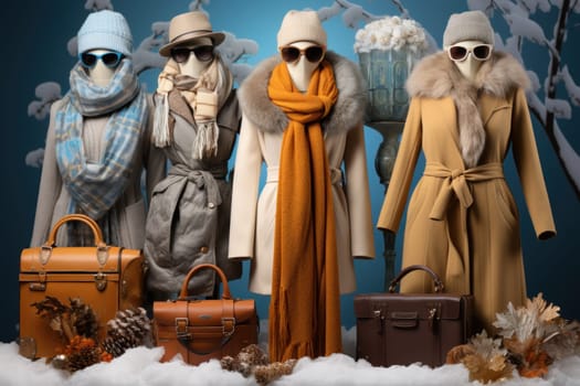 A chic portrayal of the winter season's fashion, highlighting stylish winter attire, including scarves, hats, and coats. This composition captures the elegance and coziness of winter wardrobe.
