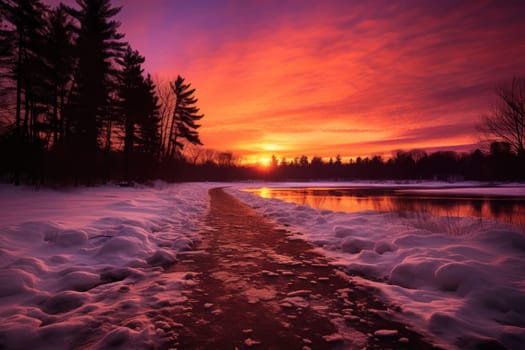 An exquisite visual representation of the winter skies, highlighting the unique color schemes and breathtaking beauty brought by the low-angled sun during winter sunrises and sunsets.