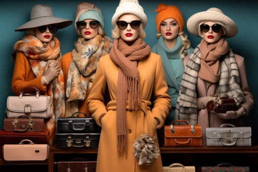 A chic portrayal of the winter season's fashion, highlighting stylish winter attire, including scarves, hats, and coats. This composition captures the elegance and coziness of winter wardrobe.