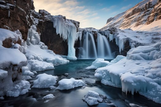 A mesmerizing display of the winter landscape, focusing on the distinctive and captivating frozen waterfalls found in chilly regions.