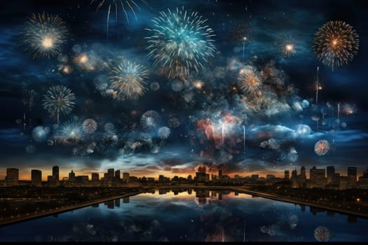 An electrifying display of winter's nocturnal splendor, featuring the dazzling spectacle of New Year's Eve fireworks and other seasonal celebrations.